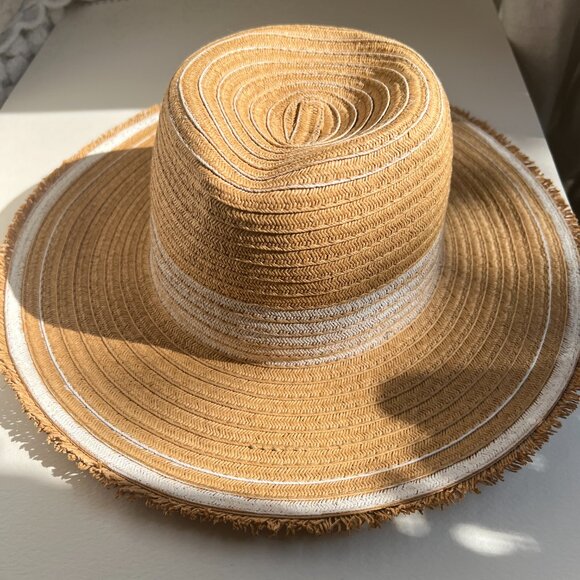 Kensie Straw Beach Hat with Hand painted White Stripes - So Chic! - Picture 7 of 14